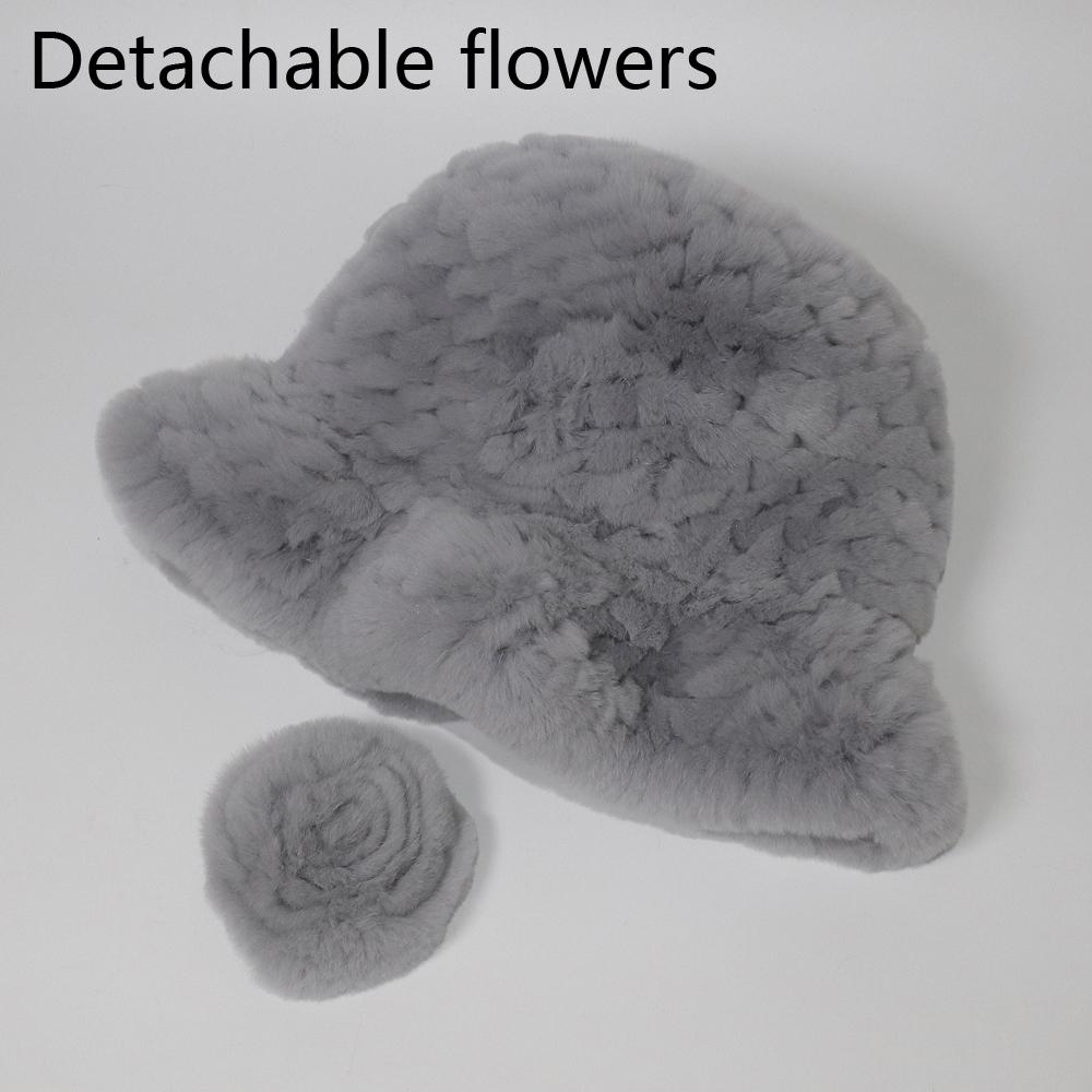 Winter Women Outdoor Knitted Real Rex Rabbit Fur Hat Natural Warm Fur Bucket Hats Girls Fashion Fluffy Real Rex Rabbit Fur Caps