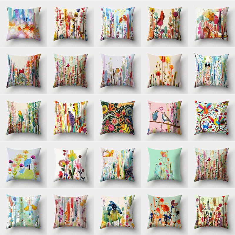 Stunning Bird Flower Pillow Case With Watercolor Design For Stylish Living Room Decor