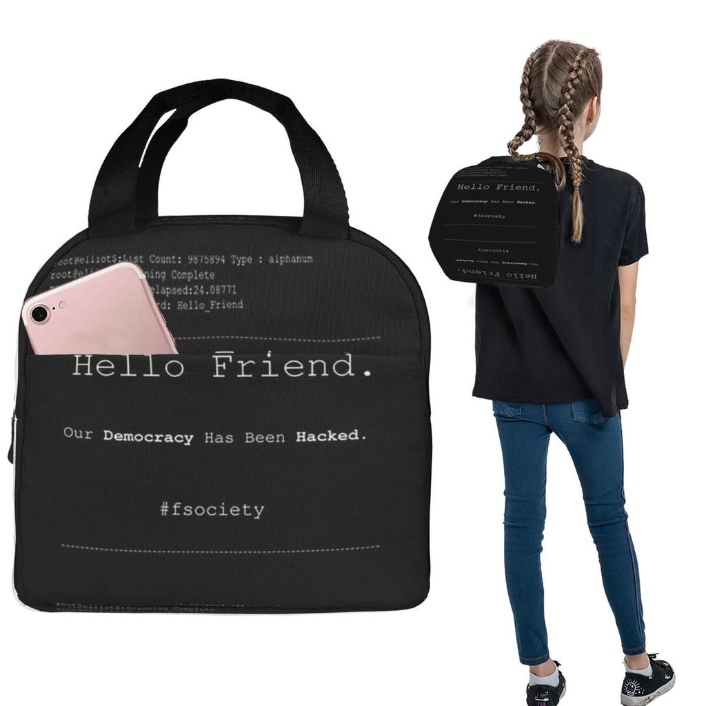 Mr Robot Hello Friend Fsociety Insulated Lunch Bag for Women Kids Leakproof Food Boxes Thermal Lunch Box Tote