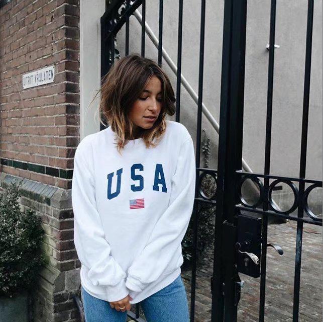 White Hoodie with USA Letter Print, Round Neck, Pullover Style, Loose Fit, Long Sleeve - 2022 Top Seller