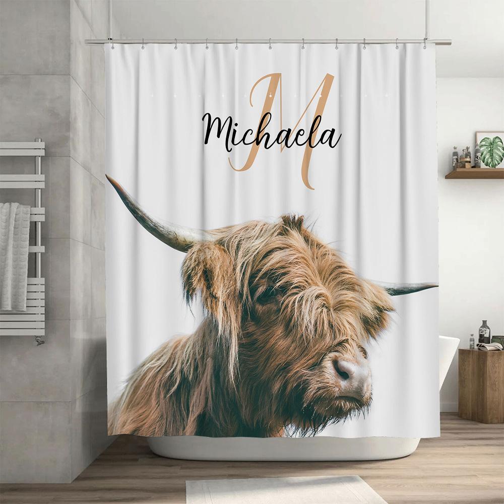 Customizable Name Personalized Shower Curtain Featuring a Cuddly Cow Head Luxury Home Decor Item for Bathroom