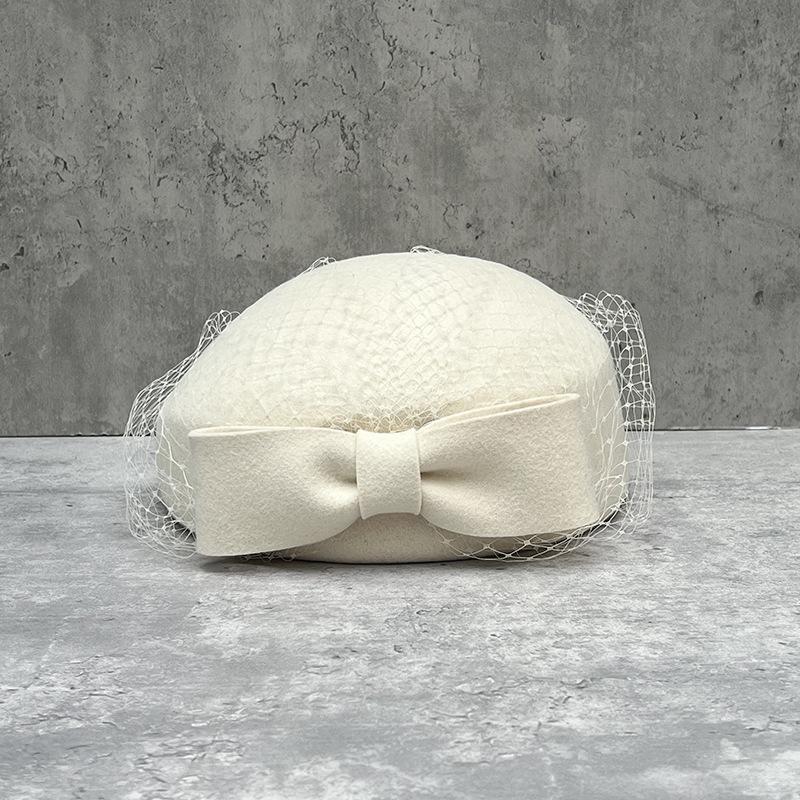 Fashion Design Mesh Bow Beret Hepburn Style British Ladies Celebrity Banquet Autumn And Winter Wool Top Hat