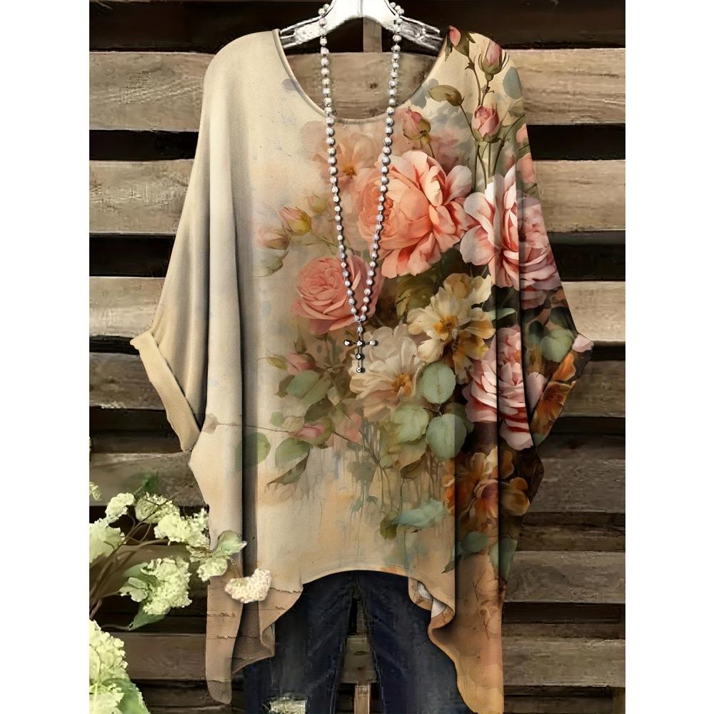 

Женская футболка Звездное небо Растение Цветок Полная печать Неровный подол Круглый вырез Повседневная Оверсайз Короткий рукав 8XL