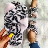 Fashion Leopard Print Fluffy Indoor Slippers for Women Open Toe Cross Strap Plush Slides Woman Winter Faux Fur Comfort House Slippers