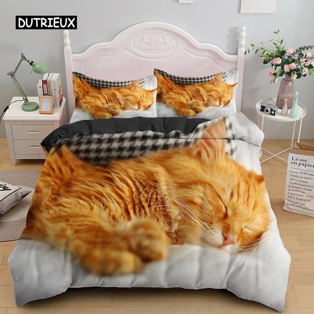 3D Bedding Sets Red Duvet Quilt Cover Set Comforter Bed Linen Pillowcase King Queen 210*210cm Size Pet Cat Design for Kids Girls