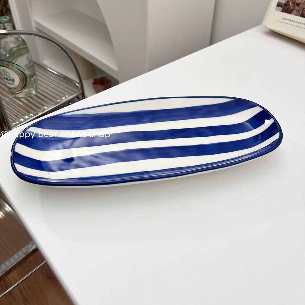 Korean Ins Retro Blue Line Ceramic Bowl Set,One Person Soup Plate Rice Bowl Home Accessories Bowls/Plates/Trays