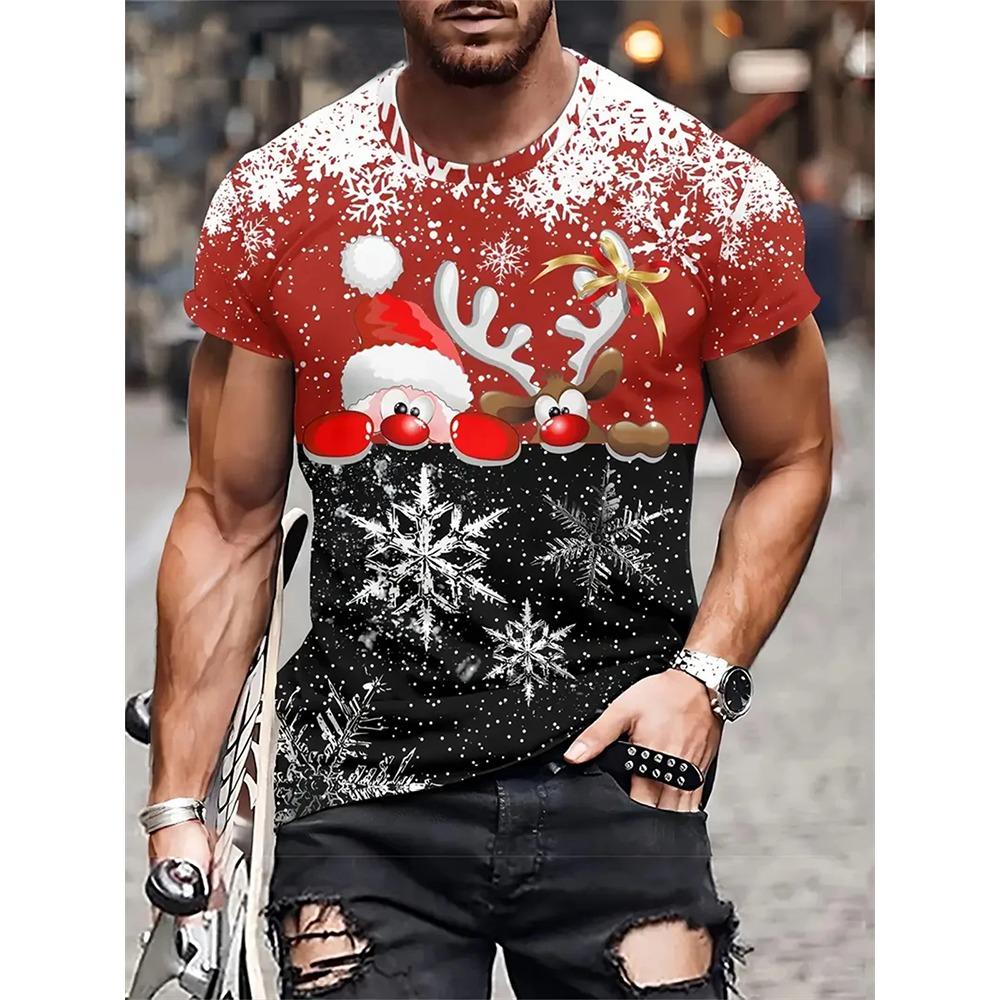 New 3D Elk And Beer Print Street Fashion Men's Christmas Holiday Party Casual Short-sleeved