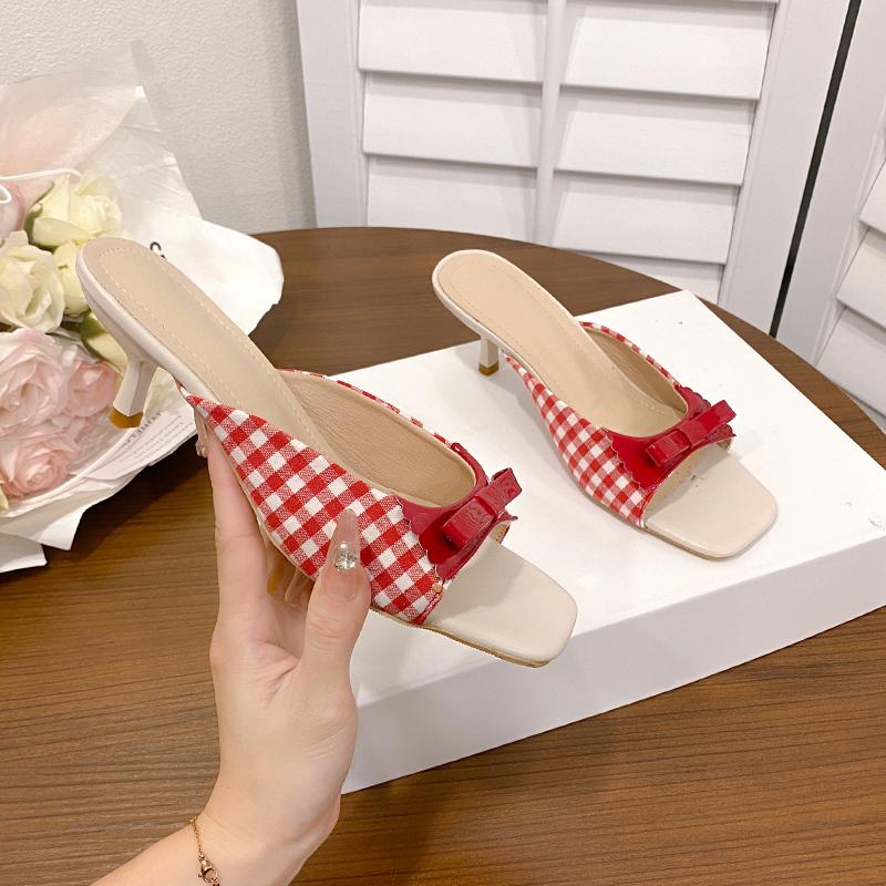 Fashion Design Shoes Retro Plaid Bow Sandals Kitten Heels French Style Peep Toe Shoes Mixed Color Sweet and Cute Women's Vocation Shoes