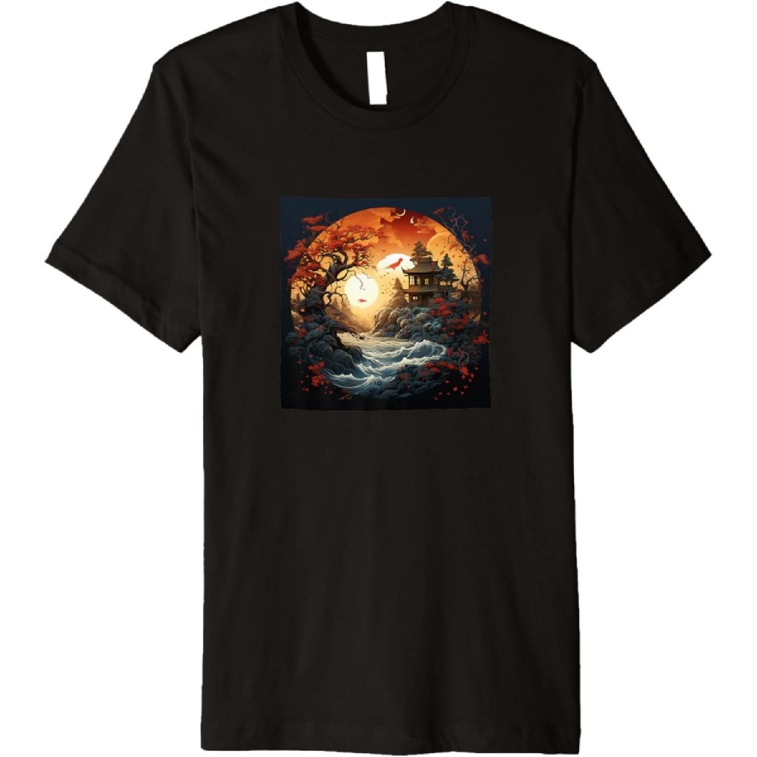 Bonsai Clouds River Moon Celestial Illustration Graphic Premium T-Shirt S