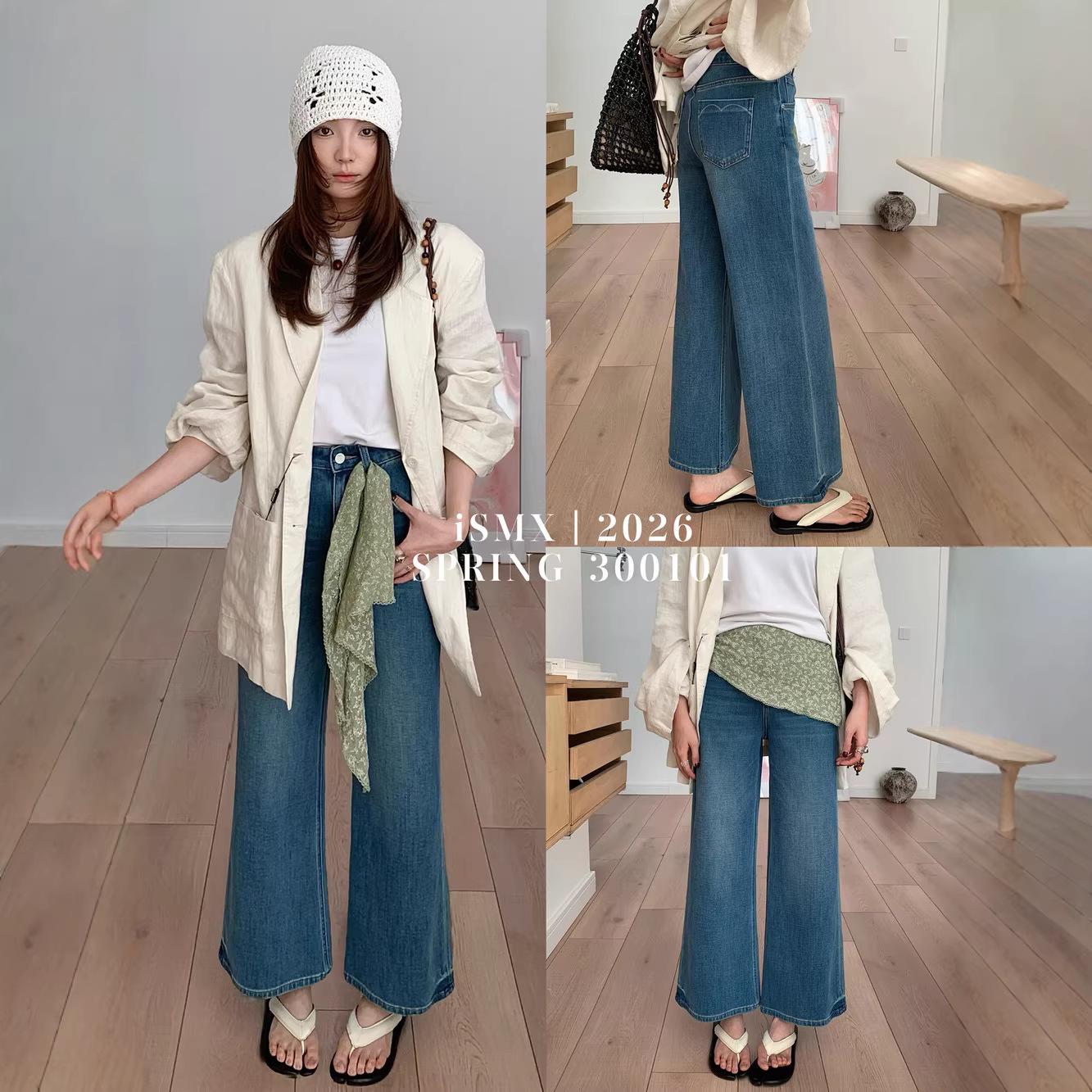 SMX300101 Women s Loose Wide-Leg Pants with Floral Silk Scarf 9/10 Length 25