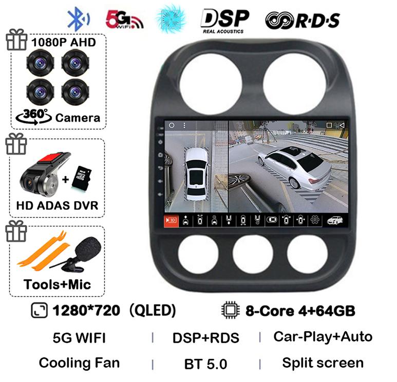 Android 14 Carplay Auto Car Radio For Jeep Compass Patriot 2010 2011 2012 2013 2014 2015 2016 GPS Multimedia Stereo Player QLED