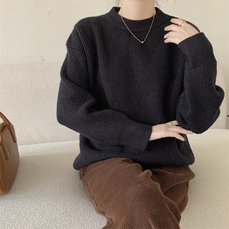 Hirsionsan Pulover tricotat cu mânecă lungă, ocazional, cu bază solidă, moale, pentru femei, cu gâtul în formă de O, pulover elegant, la modă, toamnă iarnă