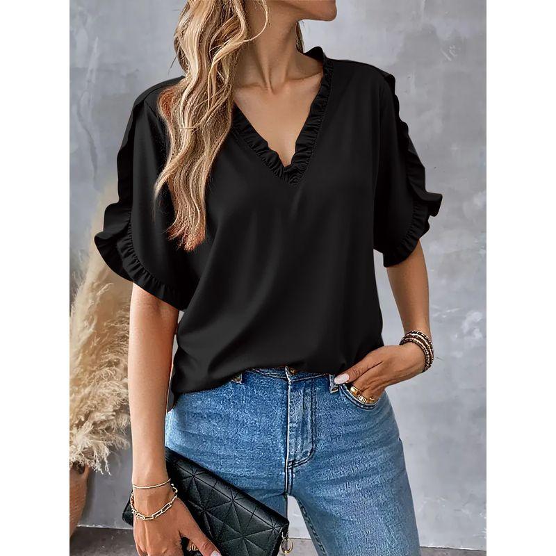 Summer Simple Solid Short Sleeve Frill V-neck Shirts Top Women Women's Shirt Top