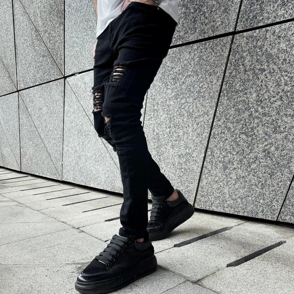 Men High street Hip hop Style Ripped Skinny Pencil Jeans Men Stylish Slim Holes Casual Denim Pants