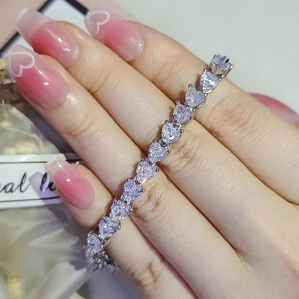 New Luxury Heart Silver Color Bracelet Bangle for Women Wedding Bride on Hand Gift Valentine's Day Gift Jewelry S7982
