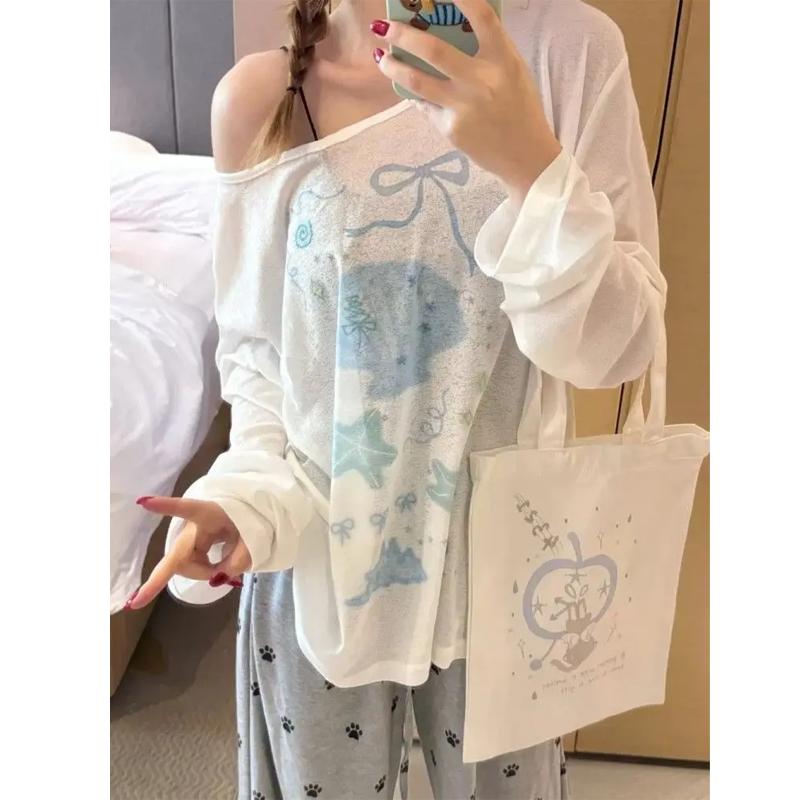 Printing Sexy Perspective Pullovers Top Summer Long Sleeve Loose Lazy Style Simplicity T-Shirts Casual Women Clothes