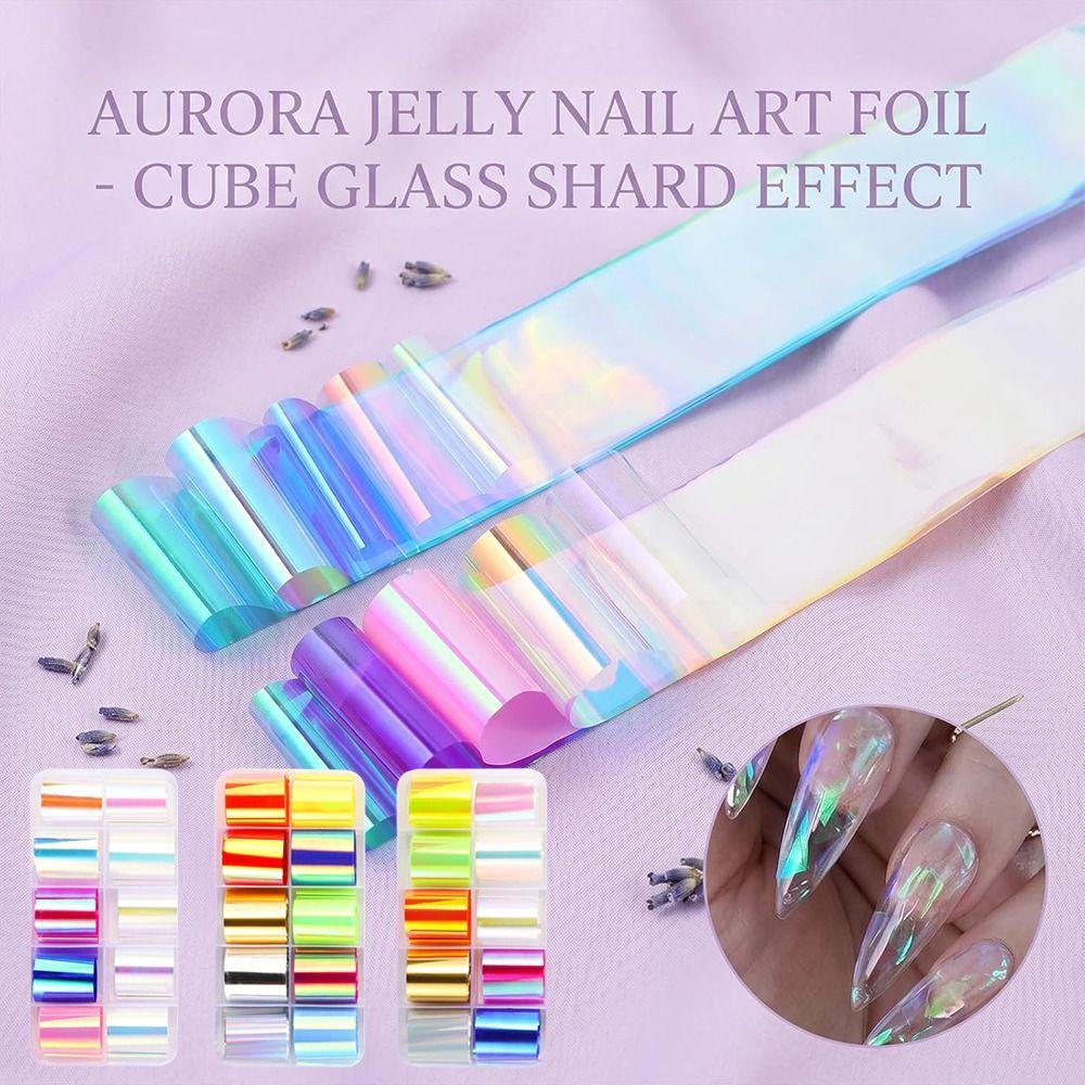 Iridescent Nail Art Stickers 10 Rolls Laser Glass Nail Foils Hot Transfer Decals DIY Manicure