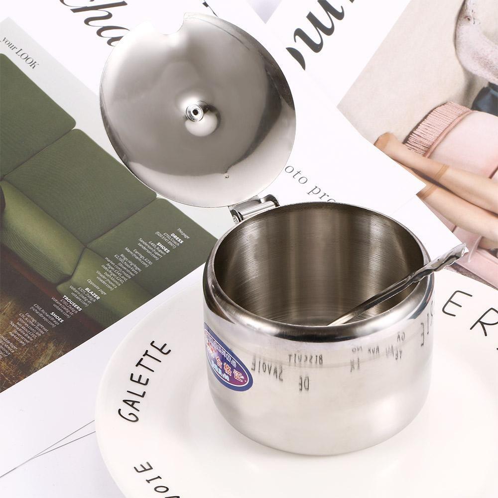 7.5cm Steel Stainless Durable Sugar Container with A Spoon with Lid Storage Jar Seasoning Pot Salt Pot Sauce Cans