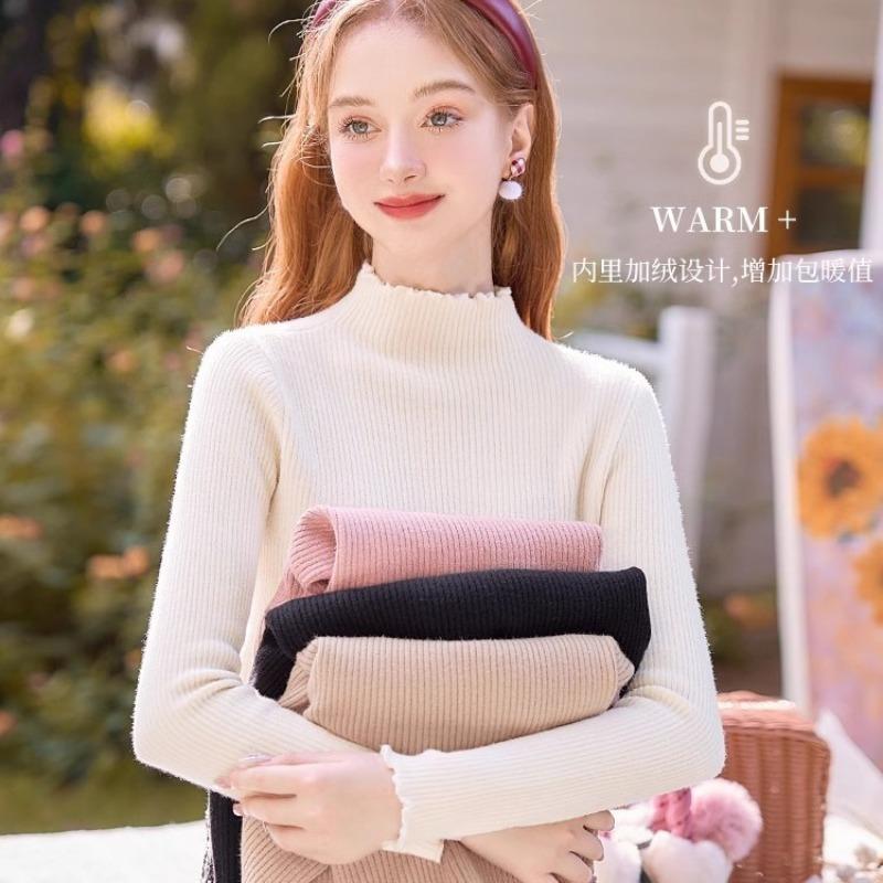 Semi-turtleneck White Thickened Fleece Knitted Bottoming Shirt Women's New Autumn and Winter Small Sweater Top