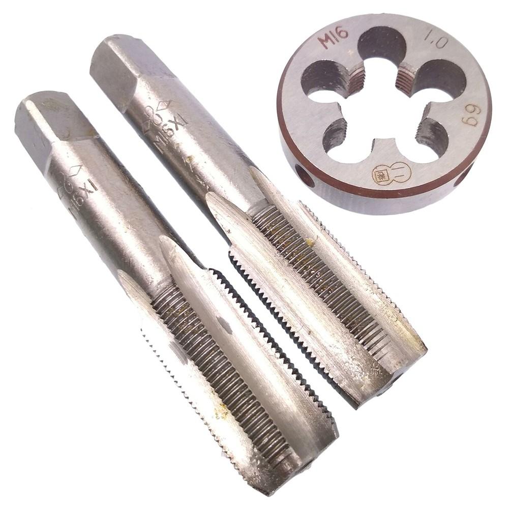 HSS M16 x 1mm kuželový a zástrčkový závitník & M16 x 1mm matricový závit metrický pravý