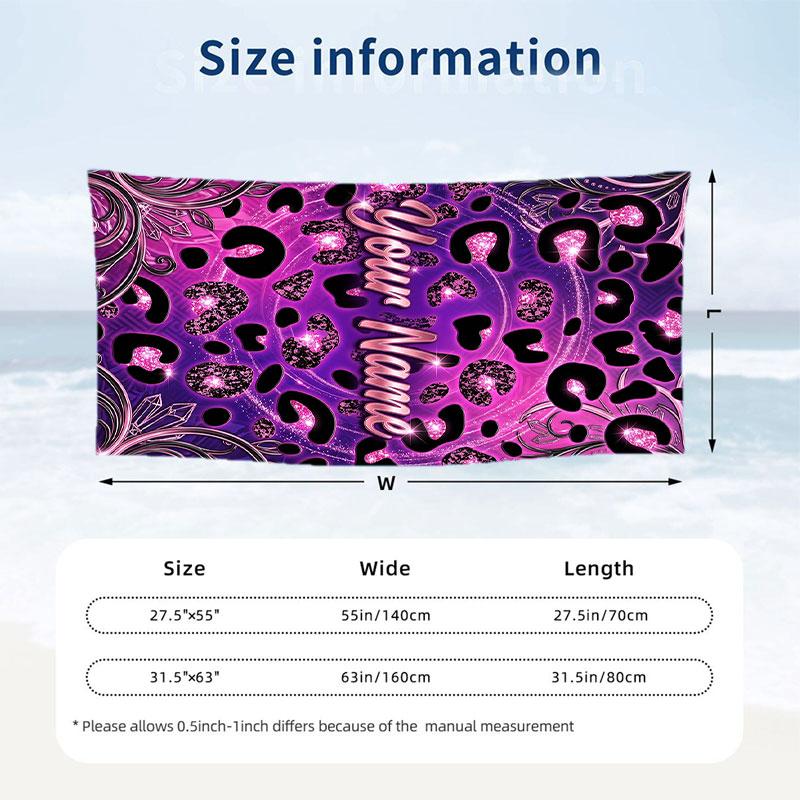 Purple Leopard Fashion Theme Quick Dry Beach Towel Custom Name Text Print Large Sand Resistant Towel Beach Vacation