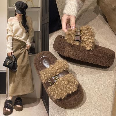 Fashion 2025 Women Fuzzy Plush Comfy Faux Fur Lined Slide Shoes Thick-Bottomed Fluffy Slippers Fashion Belt Buckle Lazy Casual Slippers