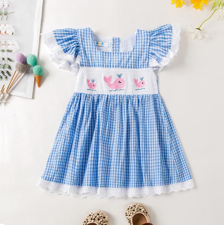 Summer Girls Cartoon Embroidered Plaid Dress With Flutter Sleeves And Lace Trim Elegant Princess Party Dress For Kids 80cm синий