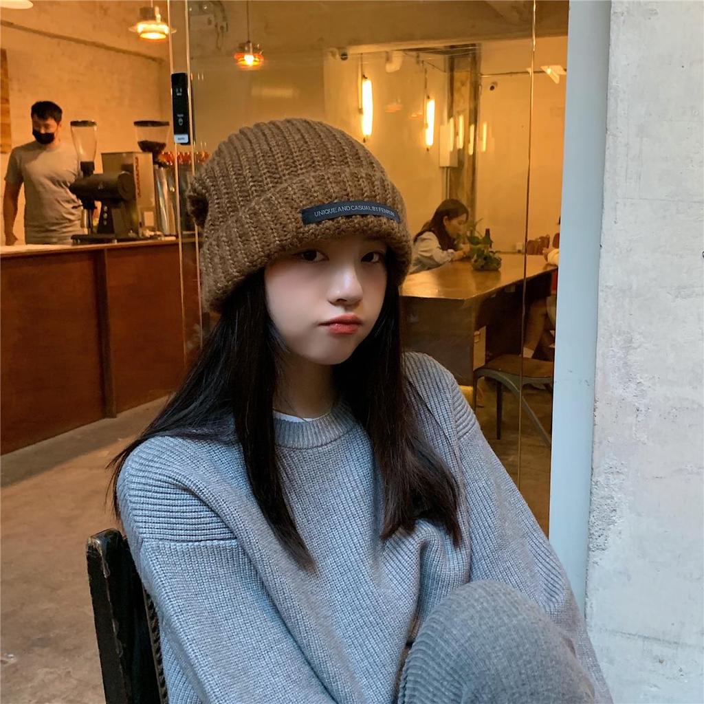 Hat Women's Autumn and Winter New Fashion Versatile Patch Big Head Circumference Thick Woolen Hat Showing Face Small Warm Knitted Hat Cold Hat