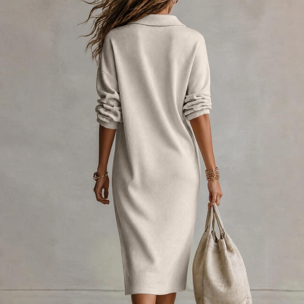 Women's Color Casual Long Dress with Lapel Collar and Slit for Everyday Wear