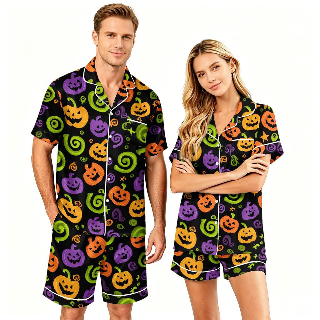 Couple Matching Halloween Pajama Set Short Sleeve Button Down Shirt and Shorts Sleepwear Soft Casual Lounge Wear S-XXXXL