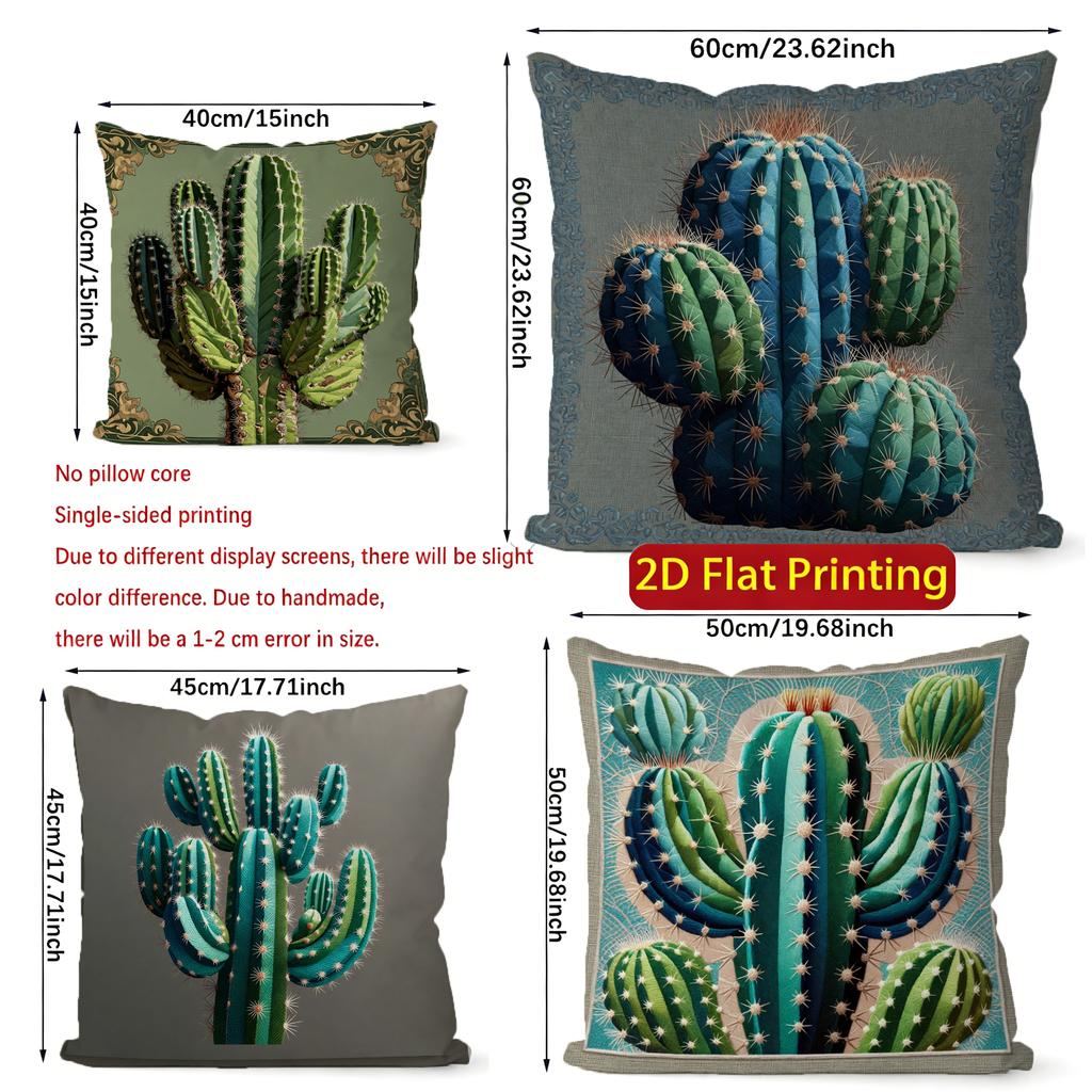 2D Set Of 4 Cactus Themed Decorative Pillow Covers Pattern Cushion Cover Suitable For Sofa Bedroom Car Pillow Cover