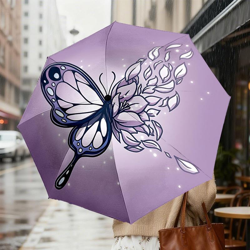 1pc Butterfly Flowers Automatic Folding Umbrella 8 Rib Iron Frame,  Suitable for Travel, Daily Use, Birthday, Women & Men Gift c1231066
