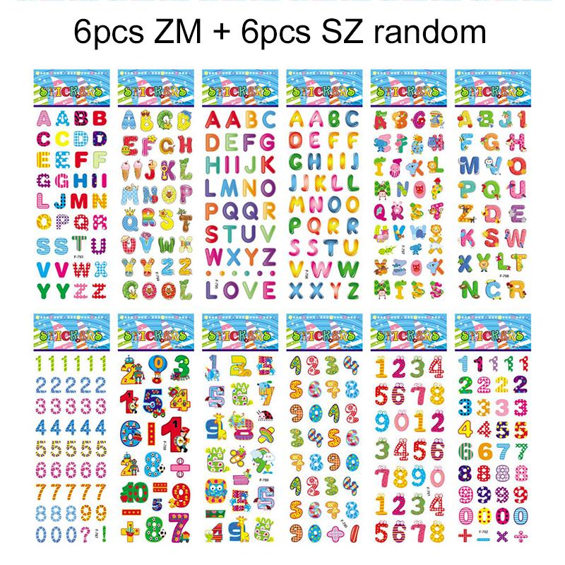 6/12pcs 3D Bubble Stickers Cartoon Numbers and Letters Various Styles Reusable Children Sticker Toys Birthday Gift for Boys TMZ