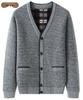 Men's Grey Plus Velvet Cardigan Sweater - Autumn/Winter Warm Knitwear for Middle-aged and Elderly