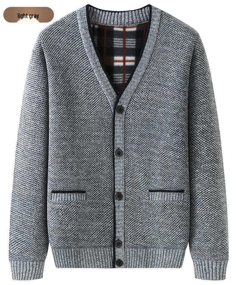 Men's Grey Plus Velvet Cardigan Sweater - Autumn/Winter Warm Knitwear for Middle-aged and Elderly
