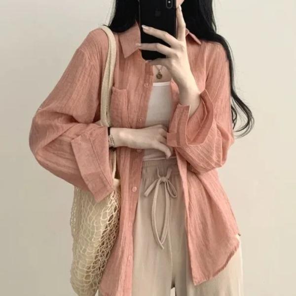 Summer Ice Cream Color Loose Long Sleeve Women's Shirt Sun Protection Folded Design Commute Style Thin Material Pure Color