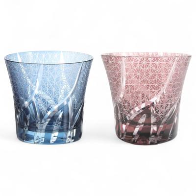 Mizukage Kiriko Pair Glass Cups 240cc Random Carving Small Pattern Ink Blue Purple with Engraved Base Bishou Current Model J-kitchens 94xH85mm &