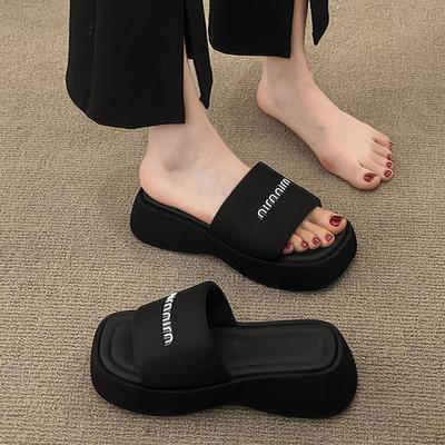 Internet Celebrity Muffin Platform Slippers Outer Wear Women's Shoes 2025 Summer New Heightening Black Sandals