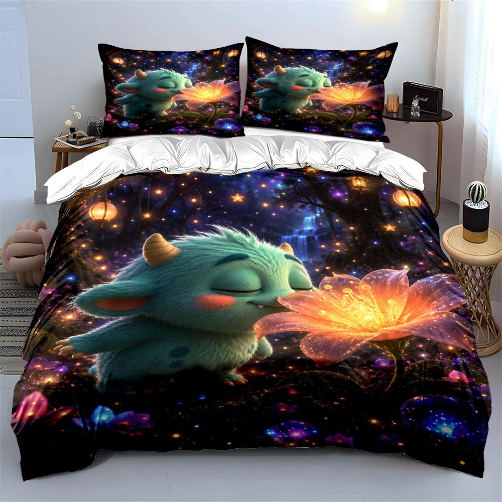 Cute Monster In Magical Forest Bedding Duvet Cover Set  (1*Duvet Cover 2*Pillowcases, Without Duvet Insert)