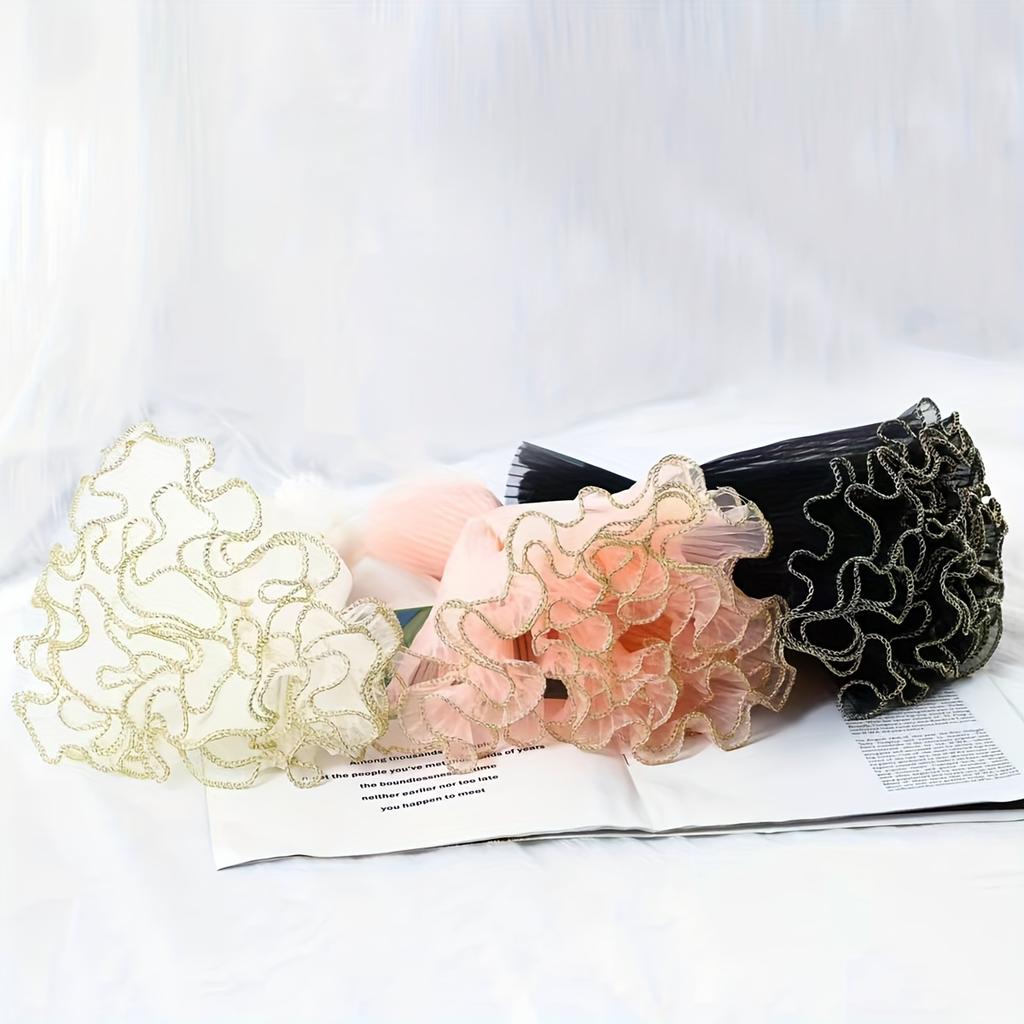 4 Yards Elegant White Wave Tulle Fabric, 28cm Wide for DIY Floral Cake Packaging with Golden Embellishments and Ruffled Edges, Bouquet Accessories