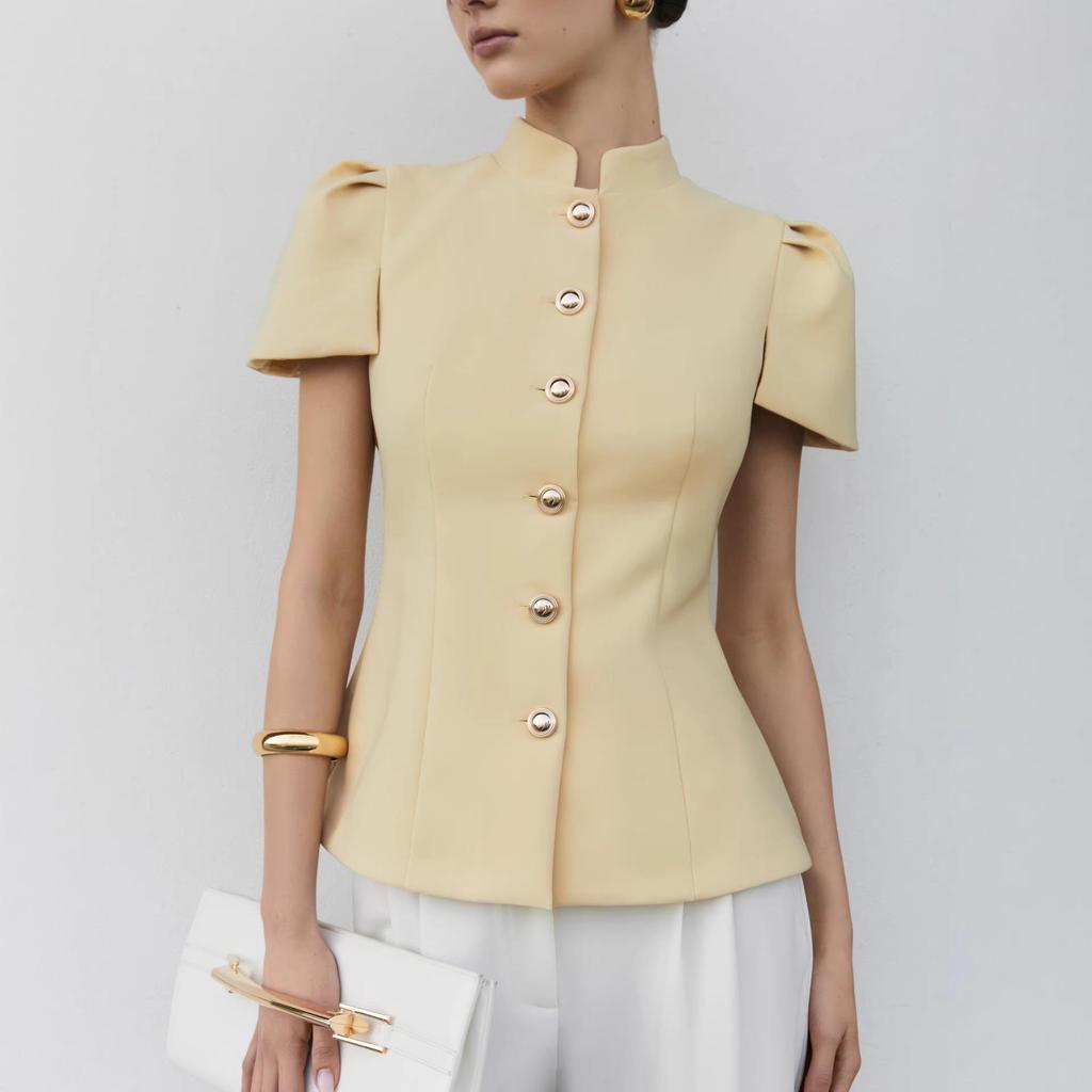 Spring/Summer 2026: Elegant Women's 3D Design Top with Lantern Sleeves & Metal Buckle