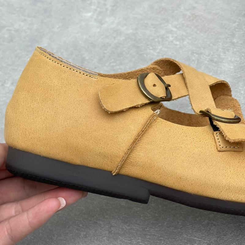 Johnature Handmade Cross Buckle Genuine Leather Soft Soled Flats Square Toe Soft Cowhide Women's Shoes