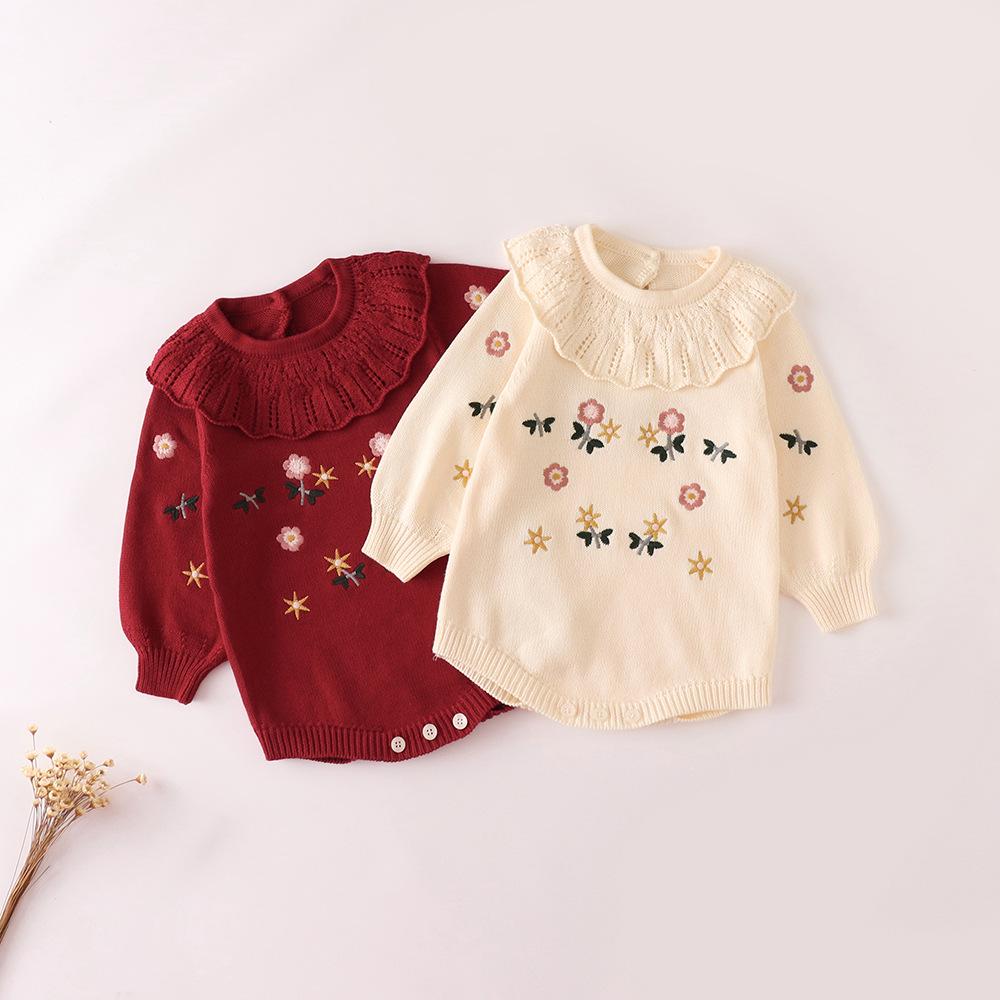2025 Autumn Baby Girl Princess Romper: Embroidered Knit Sweater & Cotton Dress Jumpsuit for 100 Days to 1 Year Old