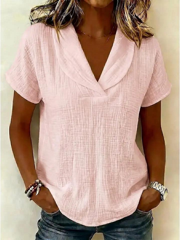 Womens Casual Summer Short Sleeve V Neck Knit T Shirt Top S розовый