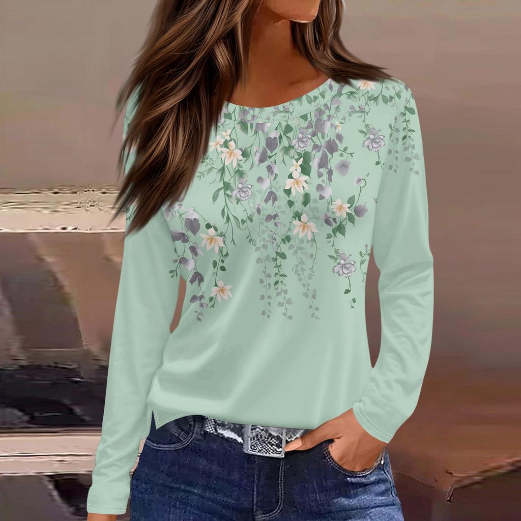 Dames casual T-shirt met split aan de zoom, ronde hals, lange mouwen en losse print.