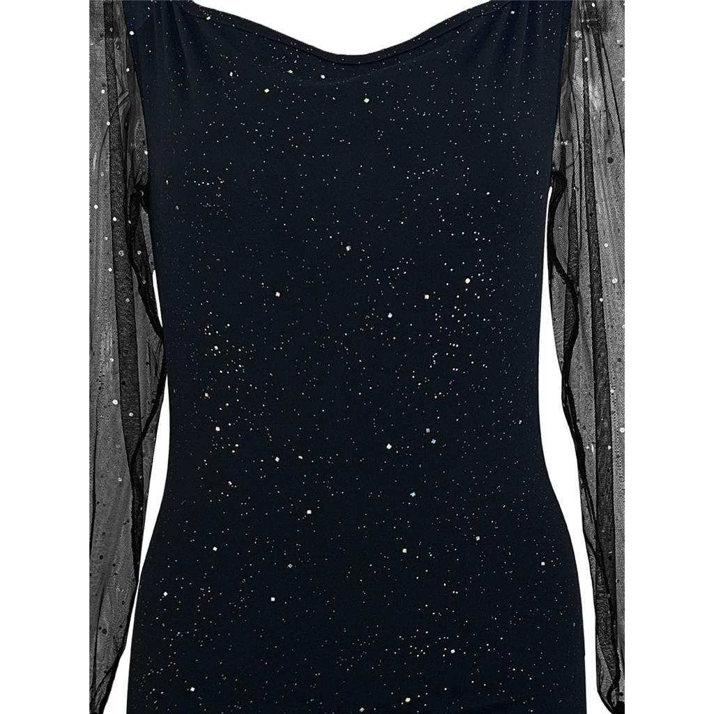 Dámské sexy šaty midi s elegantním V výstřihem, síťovanými rukávy a zlatým potiskem, slim fit