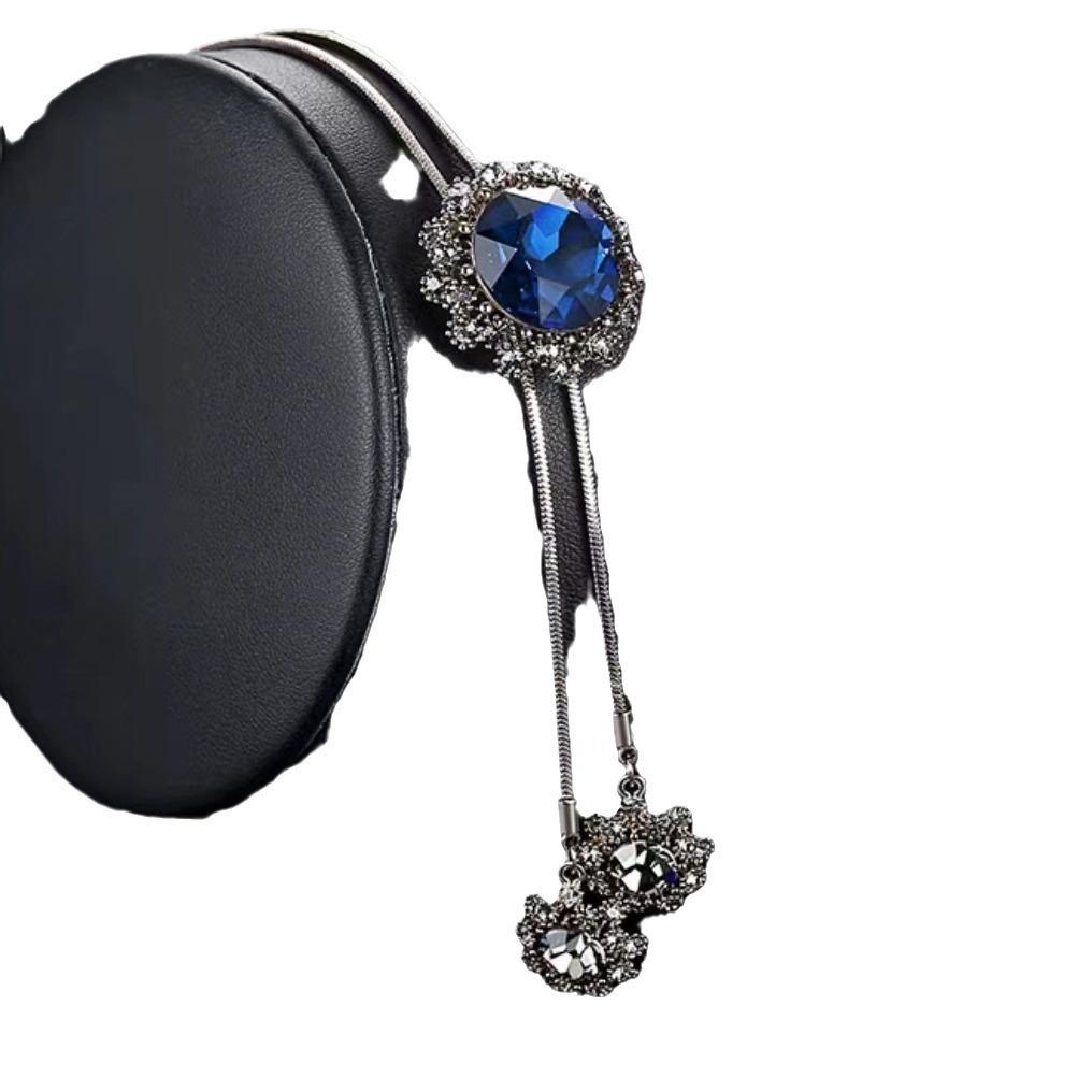 Fashion European and American Blue Crystal Sweater Chain Women's High-end Long Necklace Simple and Versatile Autumn and Winter Pendant