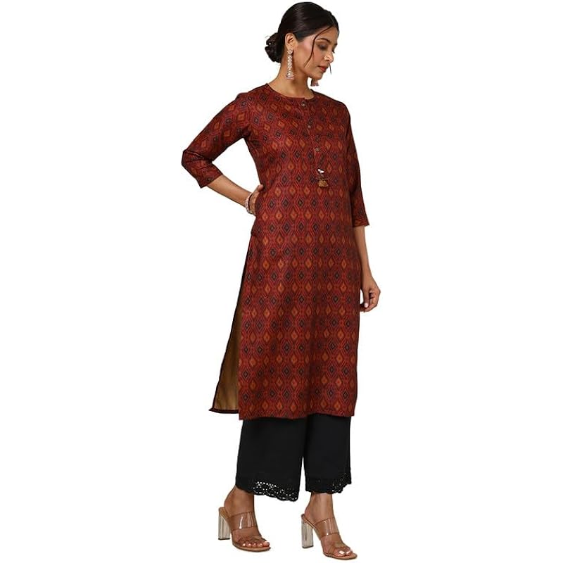 Soch Womens Maroon Linen Blend Ikat Print Kurta with Tassels