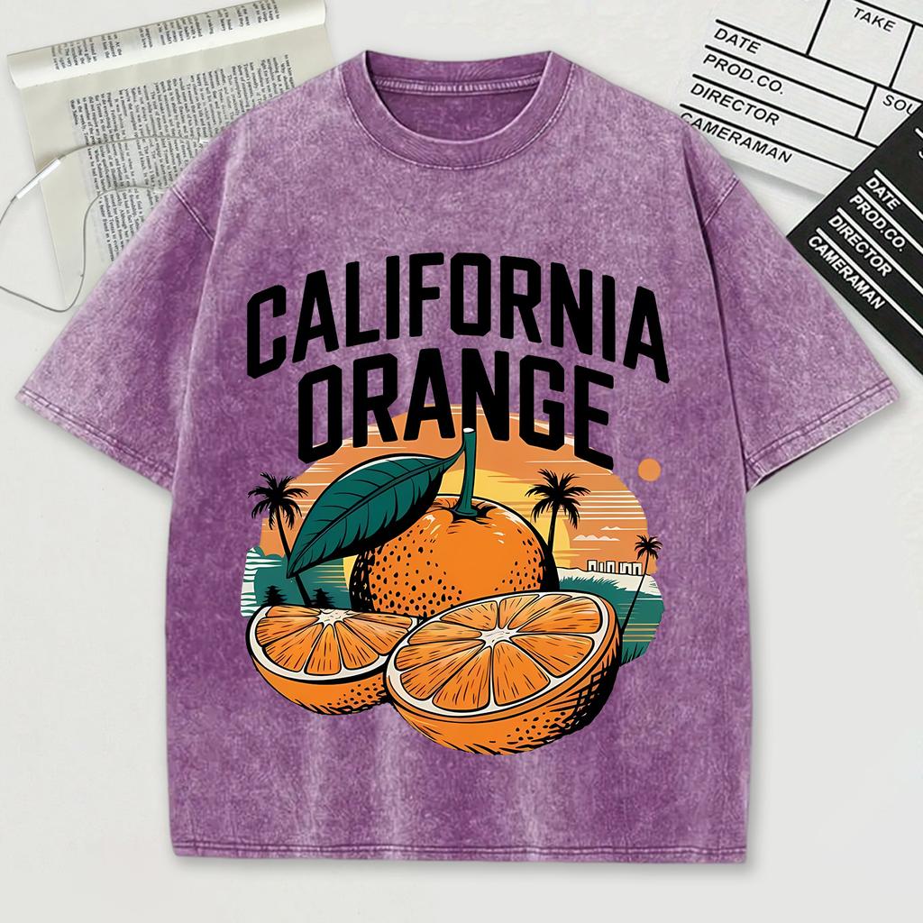 California Orange Pattern Washed T Shirt Men Summer Breathable O-Neck Tops Cotton Loose Short Sleeve Soft Unisex Tee Shirts