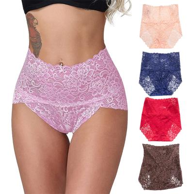 Damen Unterhose Nahtlose Aushöhlen Spitze Einfarbig Blumenstickerei Hohe Taille Stretch Dünne Bauchkontrolle Lady Slips Sport Täglich Höschen